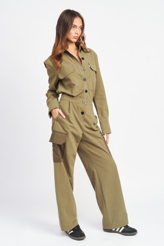 EMORY PARK BOTTON DOWN CARGO JUMPSUIT IN OLIVE