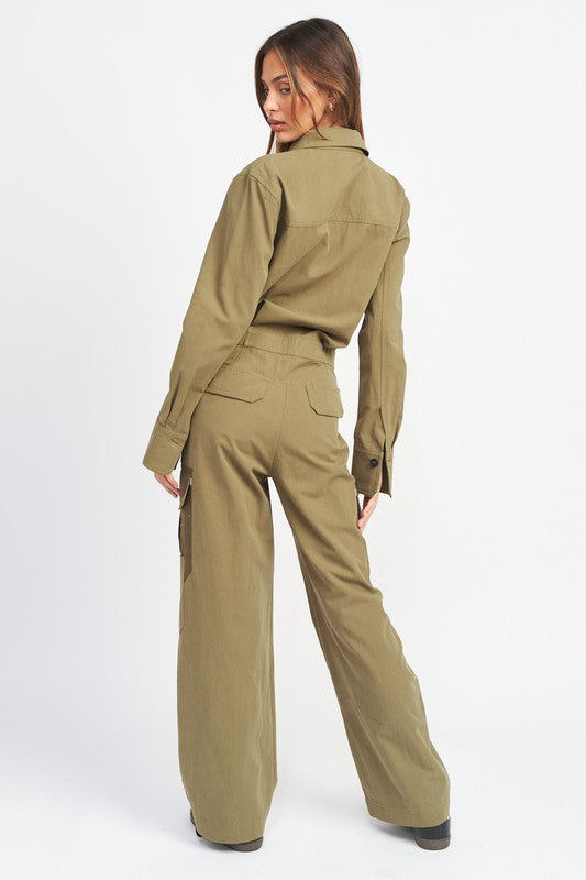 EMORY PARK BOTTON DOWN CARGO JUMPSUIT IN OLIVE