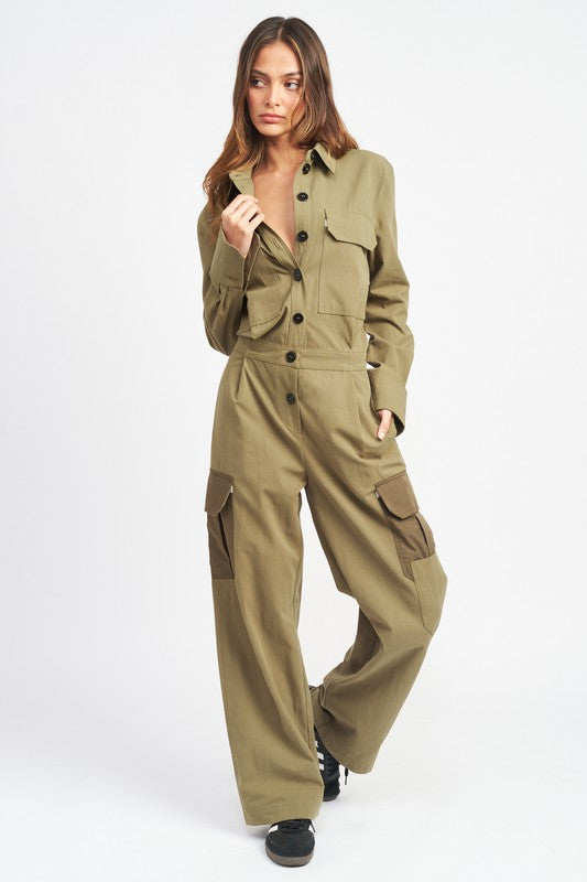 EMORY PARK BOTTON DOWN CARGO JUMPSUIT IN OLIVE