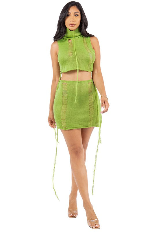 BY CLAUDE CROCHET SLEEVELESS CROP TOP AND MINI SKIRT SET