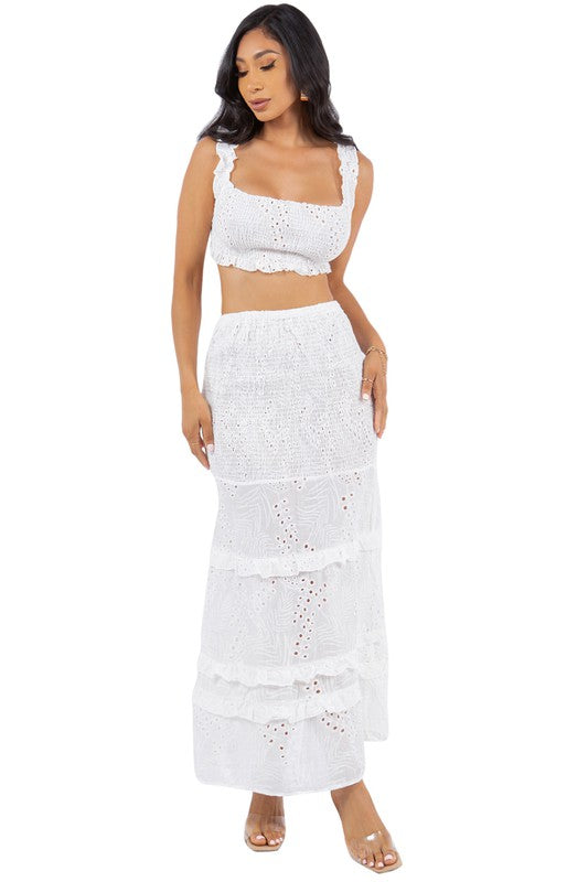 BY CLAUDE TWO PIECE EYELET RUFFLE TIERED CROPPED TANK & MAXI SKIRT SET