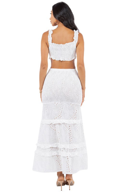 BY CLAUDE TWO PIECE EYELET RUFFLE TIERED CROPPED TANK & MAXI SKIRT SET