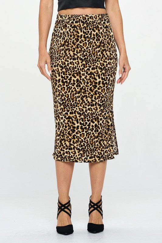 Renee C Leopard Print Plisse Midi Skirt