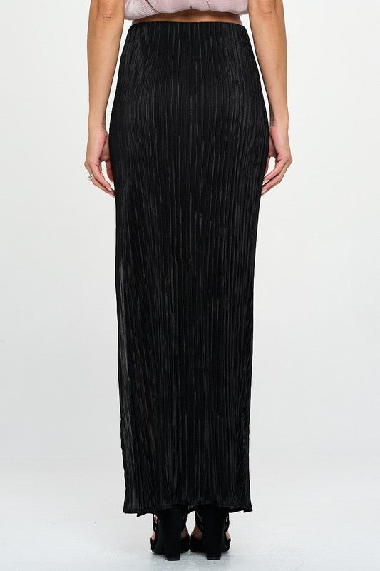 Renee C Plisse Maxi Skirt with Slit in Black