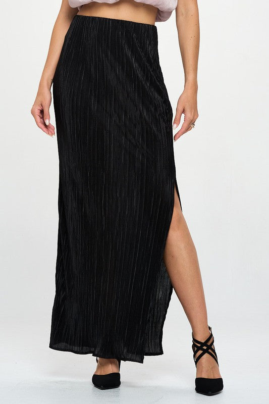 Renee C Plisse Maxi Skirt with Slit in Black