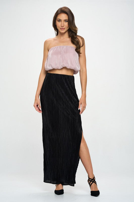 Renee C Plisse Maxi Skirt with Slit in Black