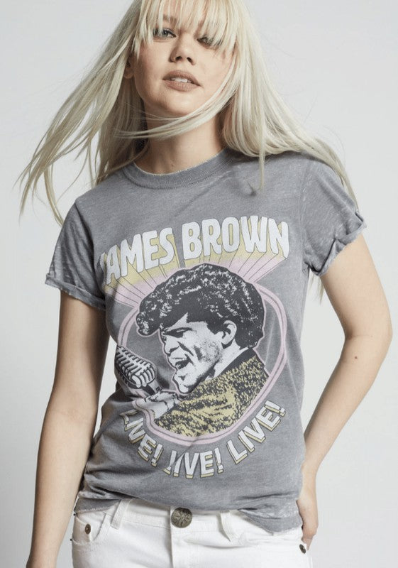 Recycled Karma Distressed Color Washed "James Brown Live!" Graphic Tee in Steel Gray