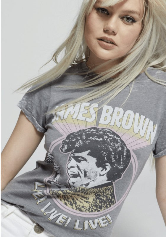 Recycled Karma Distressed Color Washed "James Brown Live!" Graphic Tee in Steel Gray