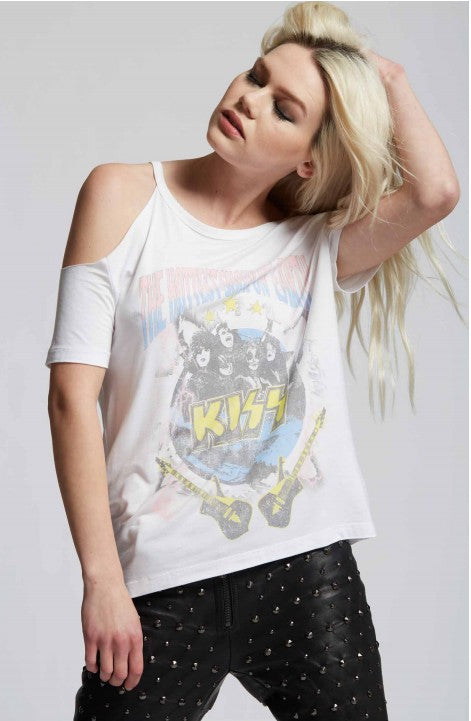 Recycled Karma "Kiss the Hottest Show On Earth" Cold Shoulder Graphic Tee