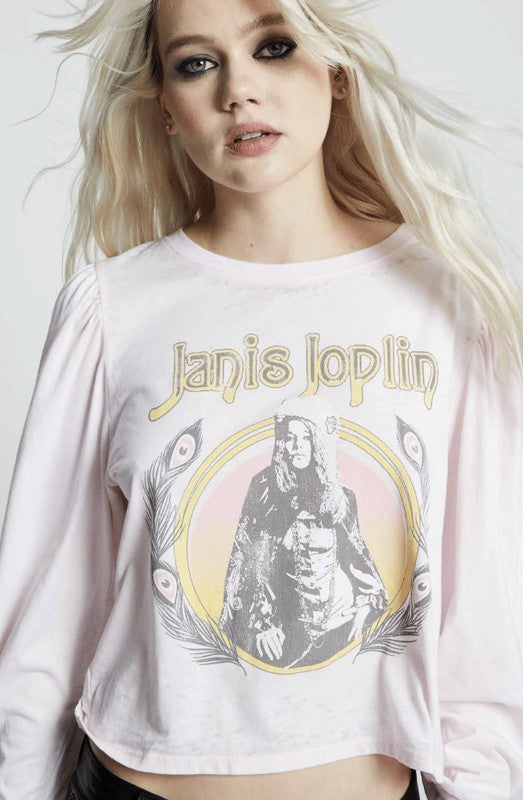 Recycled Karma "Janice Joplin" Puff Long Sleeve Cropped Graphic Tee in Pale Pink