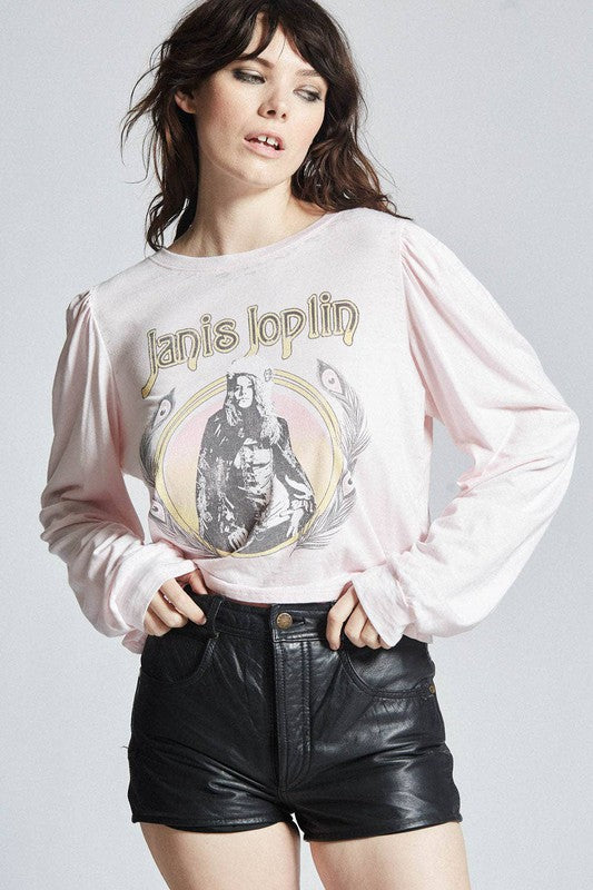 Recycled Karma "Janice Joplin" Puff Long Sleeve Cropped Graphic Tee in Pale Pink