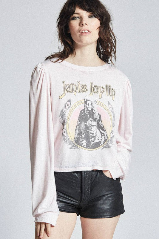 Recycled Karma "Janice Joplin" Puff Long Sleeve Cropped Graphic Tee in Pale Pink