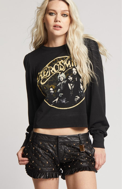 Recycled Karma "Aerosmith Back In The Saddle" Puff Long Sleeve Cropped Graphic Tee