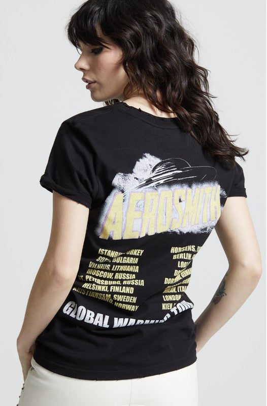 Recycled Karma "Aerosmith" Band Logo Distressed Fitted Graphic Tee