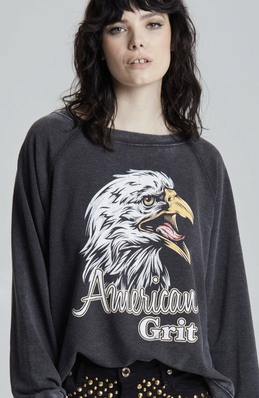 Recycled Karma "American Grit" Color Washed Graphic Sweatshirt in Black