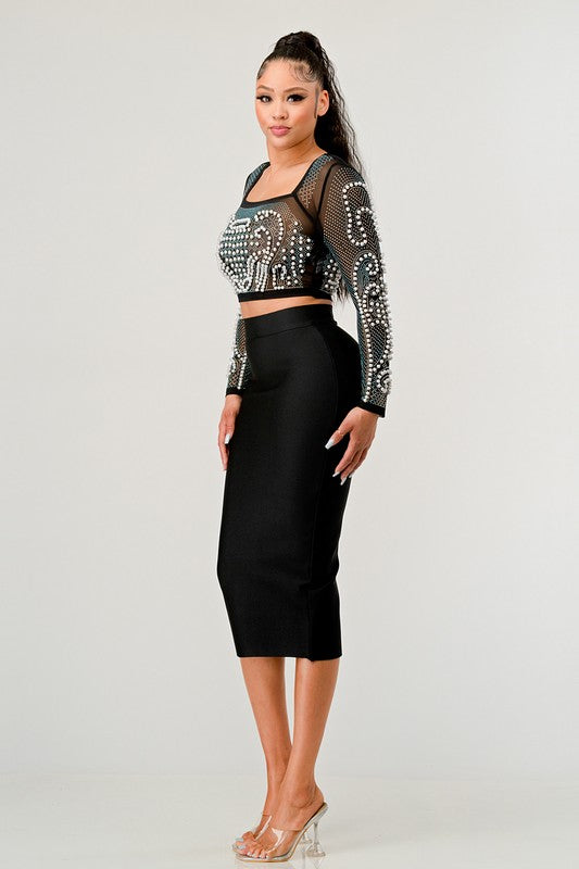 ATHINA Two Piece Beaded Mesh Crop Top and Midi Skirt Set