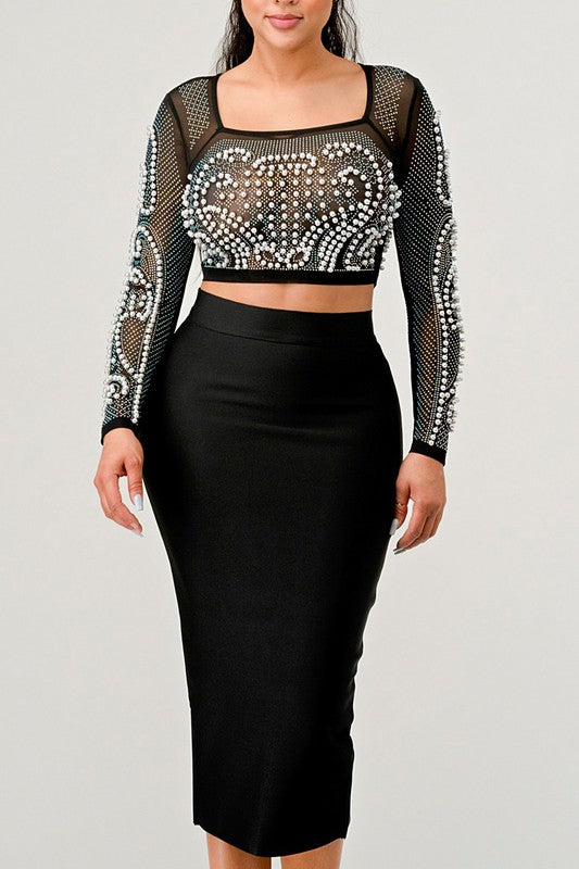 ATHINA Two Piece Beaded Mesh Crop Top and Midi Skirt Set