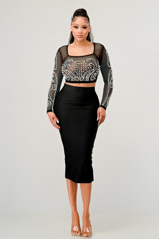 ATHINA Two Piece Beaded Mesh Crop Top and Midi Skirt Set