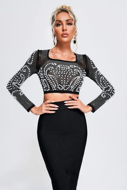 ATHINA Two Piece Beaded Mesh Crop Top and Midi Skirt Set