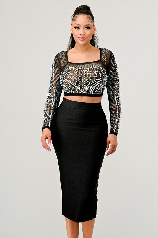 ATHINA Two Piece Beaded Mesh Crop Top and Midi Skirt Set