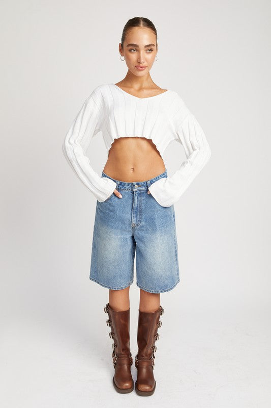 EMORY PARK WIDE RIB LONG SLEEVE V NECK CROP TOP