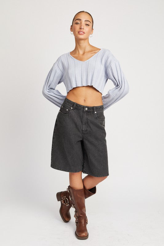 EMORY PARK WIDE RIB LONG SLEEVE V NECK CROP TOP