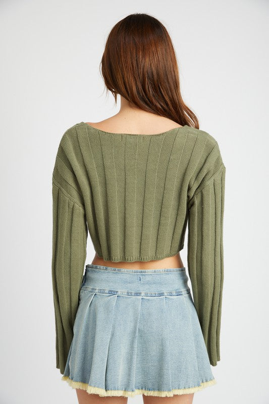 EMORY PARK WIDE RIB LONG SLEEVE V NECK CROP TOP