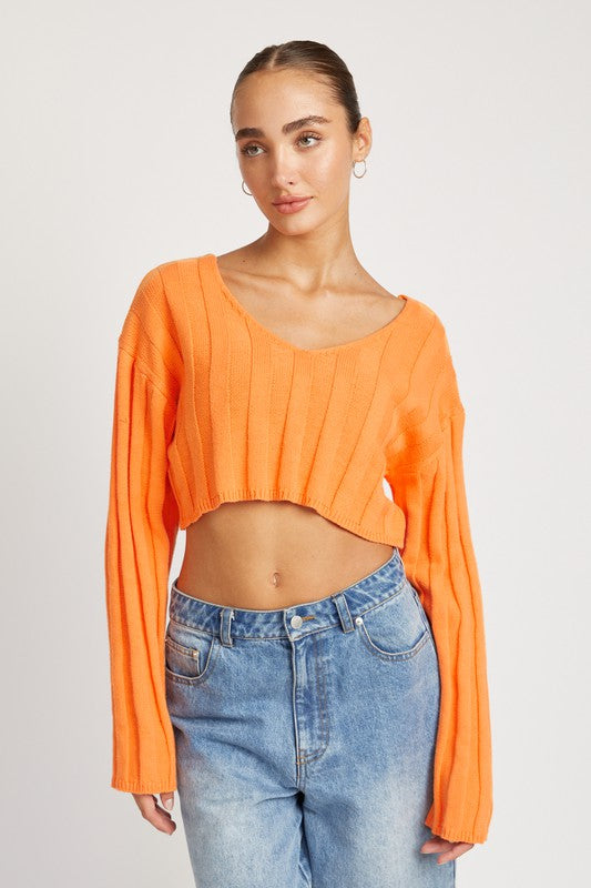 EMORY PARK WIDE RIB LONG SLEEVE V NECK CROP TOP