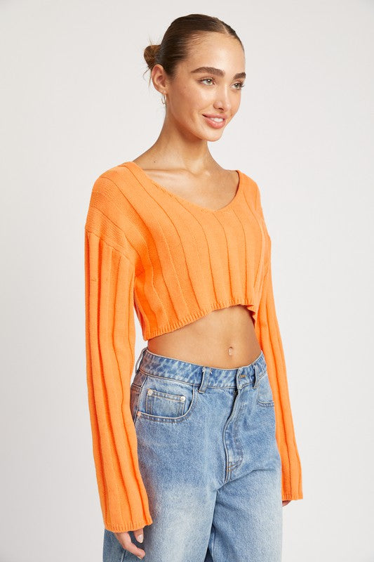 EMORY PARK WIDE RIB LONG SLEEVE V NECK CROP TOP