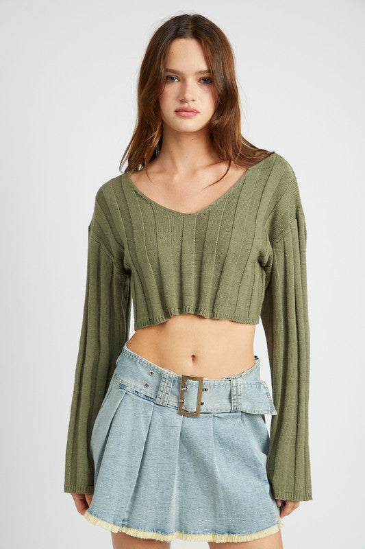 EMORY PARK WIDE RIB LONG SLEEVE V NECK CROP TOP