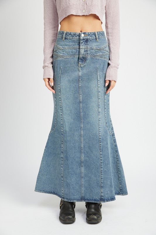 EMORY PARK FLUTED DENIM MAXI SKIRT