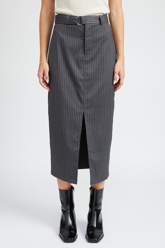 EMORY PARK PINSTRIPE MIDI SKIRT WITH SLIT