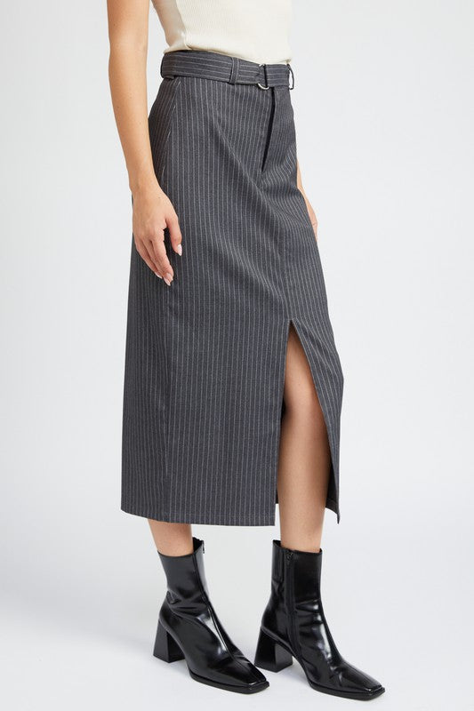 EMORY PARK PINSTRIPE MIDI SKIRT WITH SLIT