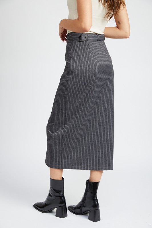 EMORY PARK PINSTRIPE MIDI SKIRT WITH SLIT