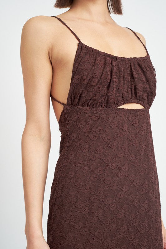 Emory Park Lace Overlay Cutout Cami Midi Dress in Brown