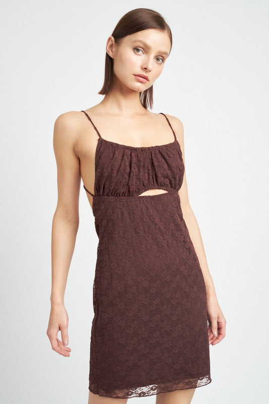 Emory Park Lace Overlay Cutout Cami Midi Dress in Brown