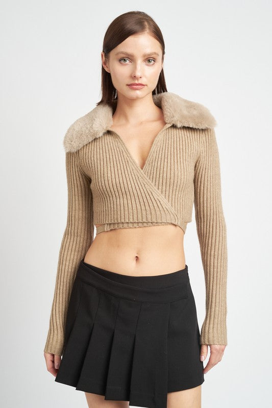 EMORY PARK V NECK CROP WRAP CARDIGAN WITH FUR COLLAR IN 2 COLORS