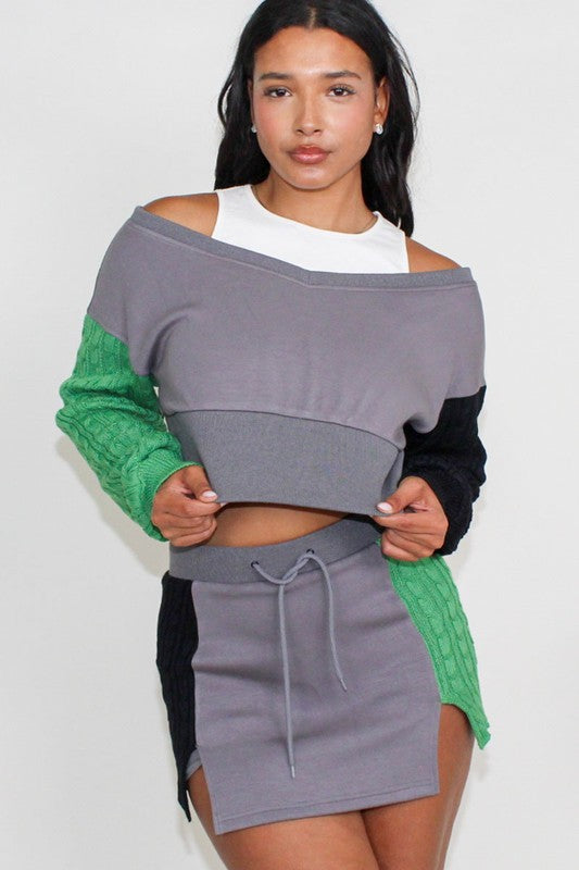 ATHINA Three-Piece Color Block Cropped Sweatshirt, Tank & Mini Skirt Set