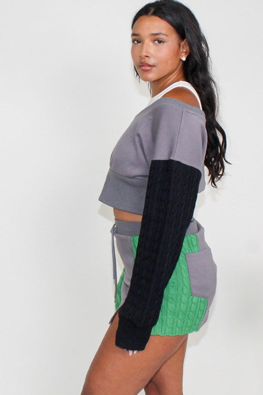 ATHINA Three-Piece Color Block Cropped Sweatshirt, Tank & Mini Skirt Set