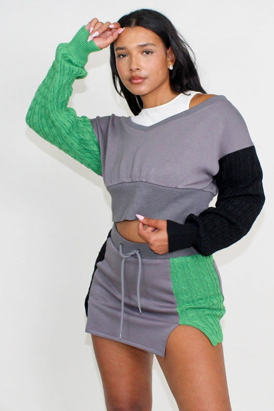 ATHINA Three-Piece Color Block Cropped Sweatshirt, Tank & Mini Skirt Set