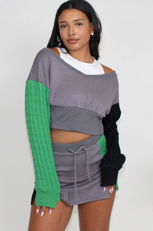 ATHINA Three-Piece Color Block Cropped Sweatshirt, Tank & Mini Skirt Set