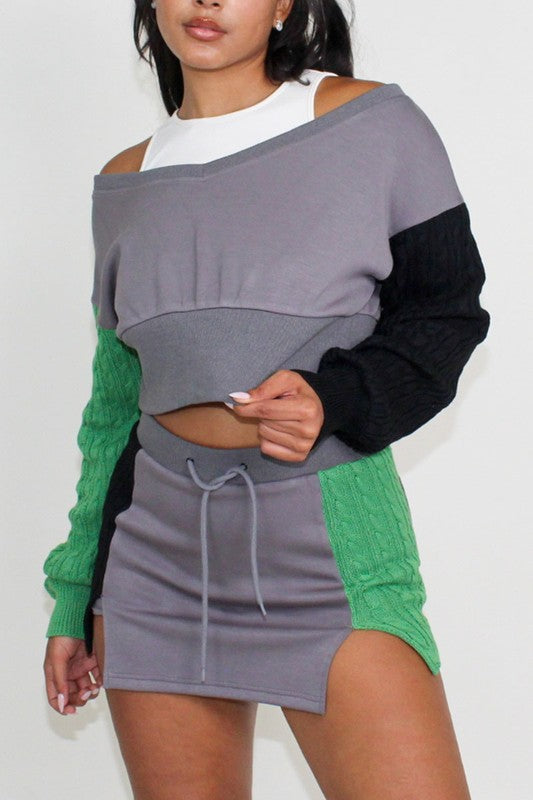 ATHINA Three-Piece Color Block Cropped Sweatshirt, Tank & Mini Skirt Set