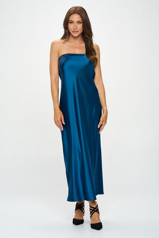 Renee C Silky Satin Tube Draped Dress in Teal