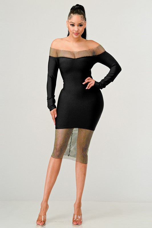 ATHINA MESH NECK & HEM OFF SHOULDER BANDAGE DRESS