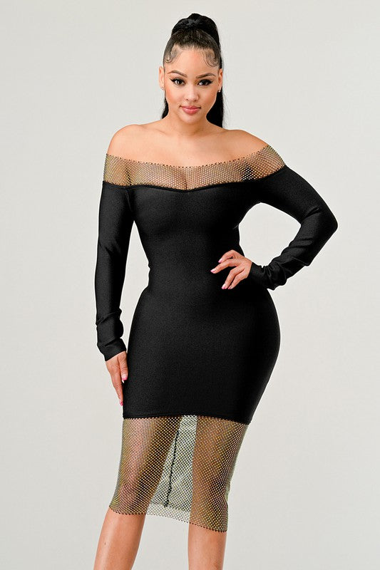 ATHINA MESH NECK & HEM OFF SHOULDER BANDAGE DRESS