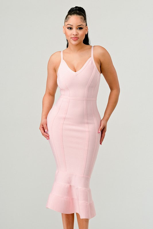 Athina Bodycon Mermaid Hem Cami Midi Dress in Pink