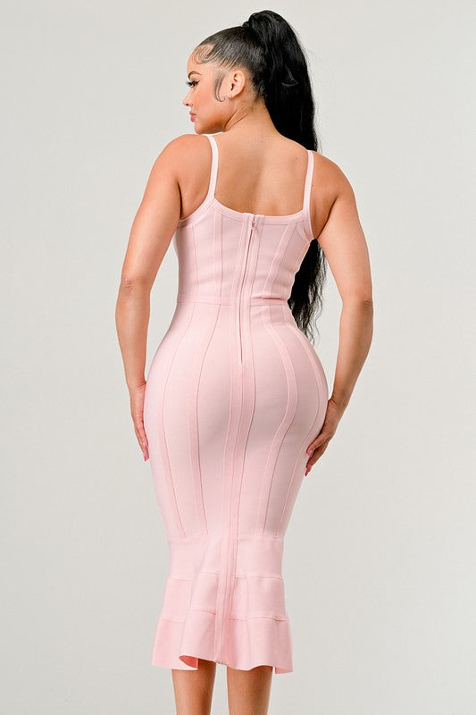 Athina Bodycon Mermaid Hem Cami Midi Dress in Pink