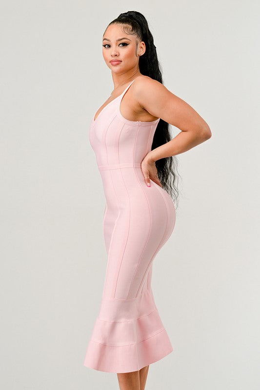 Athina Bodycon Mermaid Hem Cami Midi Dress in Pink