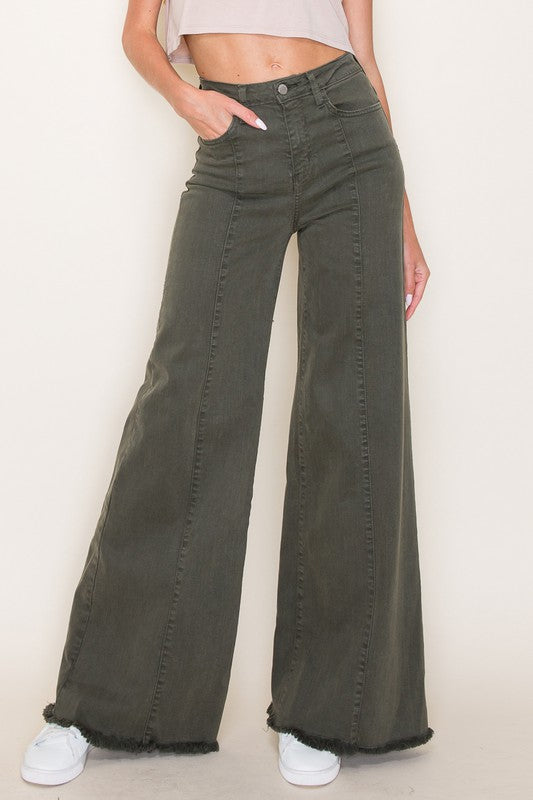 O2 Denim High Rise Front Seam Raw Hem Wide Leg Jeans in 8 Colors