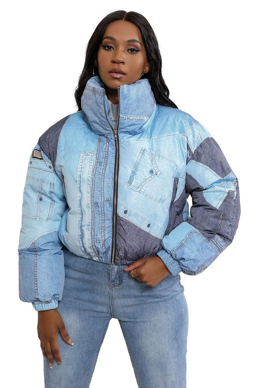 BY CLAUDE DENIM PRINT CROPPED PUFFER JACKET